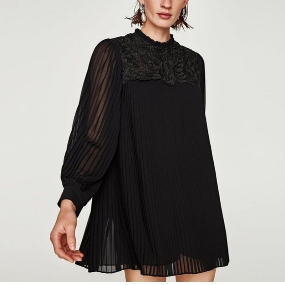 Zara Dresses & Skirts - Zara Woman Lace Appliqué Pleated Romper Mini Dress Black Size S